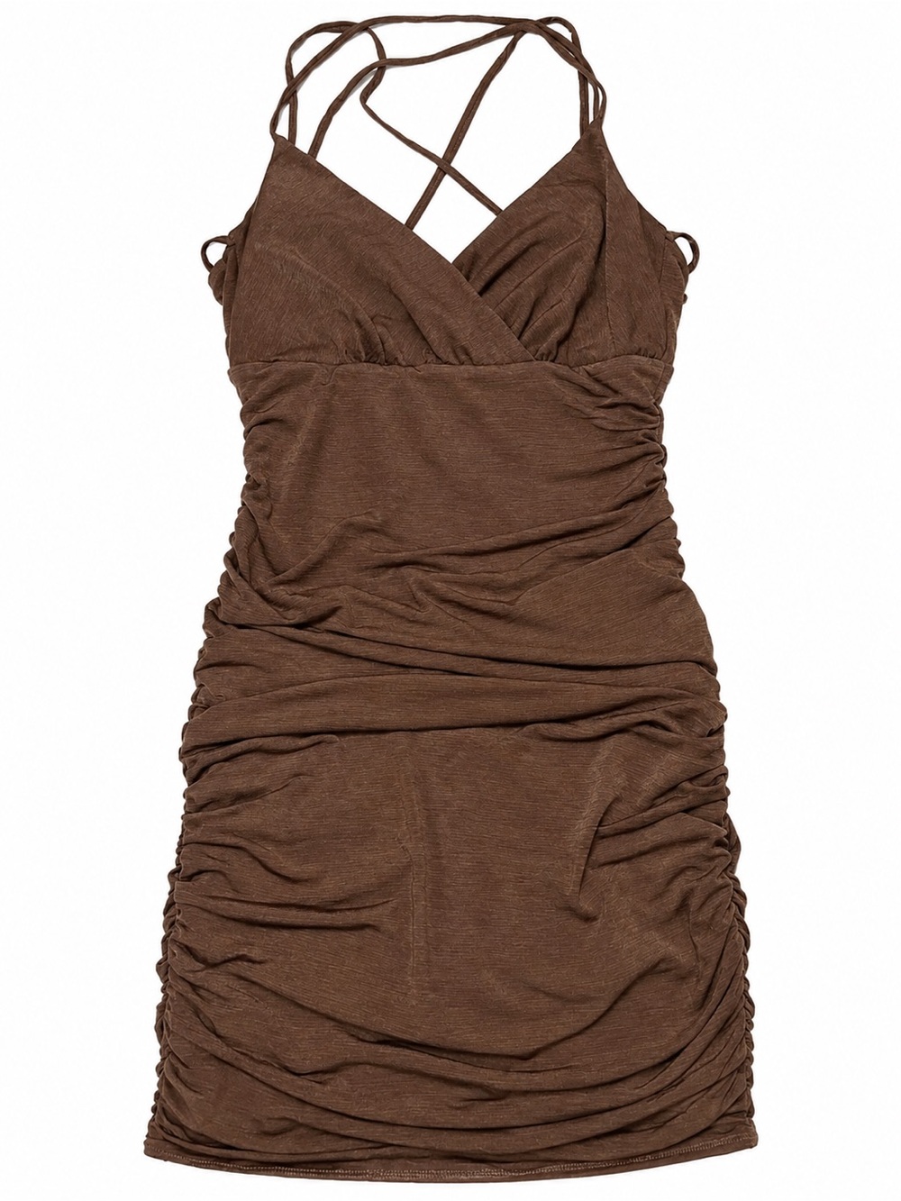 Windsor Chocolate Brown Ruched Strappy Mini Dress